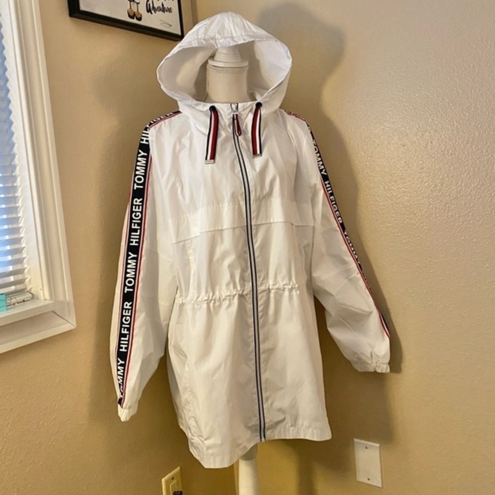 Tommy Hilfiger Ladies' Long Lightweight Windbreaker Hooded Rain Jacket, Sz. XL